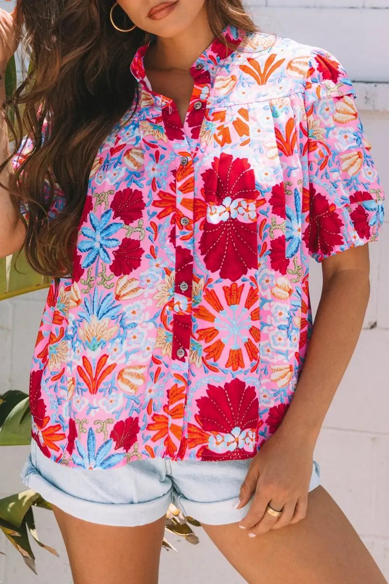 Pink Floral Print Bubble Sleeve Button Up Pleated Shirt - Love Salve